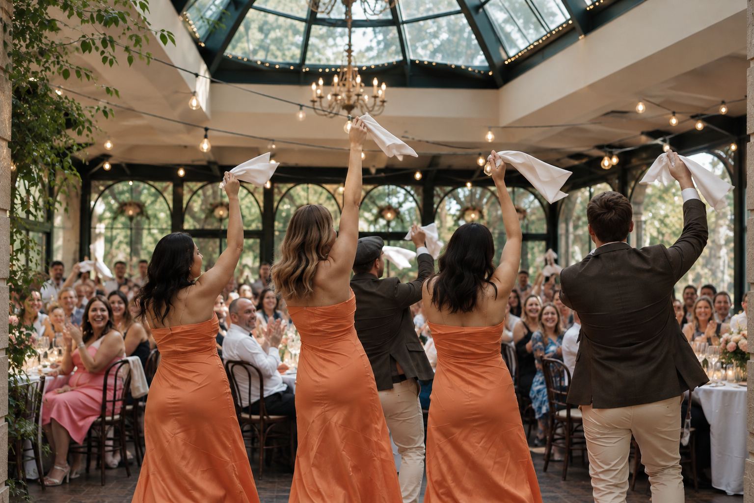 Guests on their feet in the Conservatory, four of them waving napkins above their heads, the room full behind them