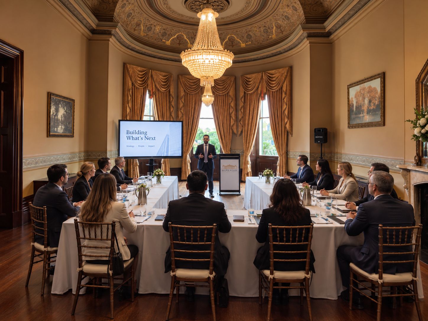 A conference in the Ballroom, delegates at a U-shaped table with a speaker presenting beneath the chandelier